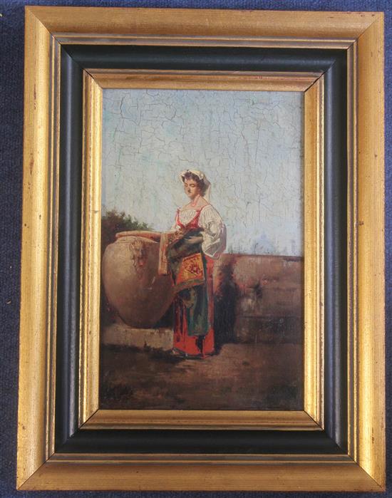 M Fortuny Woman on a terrace beside an urn, 11.5 x 7.25in.